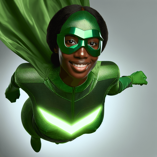 portrait of an garbage collector superhero woman wearing a green eyes mask, flying facing us, smiling in neon green suit..
single sprite, blank background.