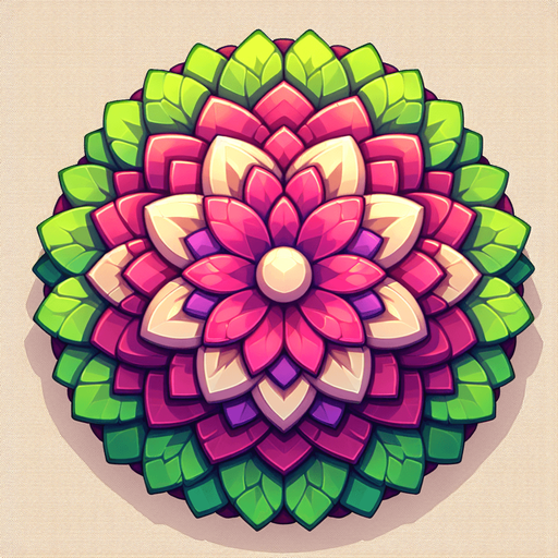 A round magenta and green flower. Top down view.
Single Game Texture. In-Game asset. 2d. Blank background. High contrast. No shadows.