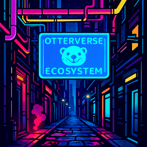 “Design a narrow cyber-alley between skyscrapers, with vibrant neon pipes crisscrossing overhead. One large digital holo-banner proclaims ‘Otterverse ecosystem.’ Add steam vents, flickering side-street lights, and wet cobblestones reflecting color—no characters or coins.”.
In-Game asset.  2d.  High contrast.  No shadows