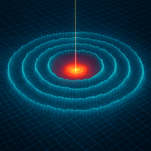 Overhead digital simulation hologram of oceanic meteor impact tsunami wave shockwave radius circle outward crashing neon cyberpunk 3d diagram Translucent projection grid