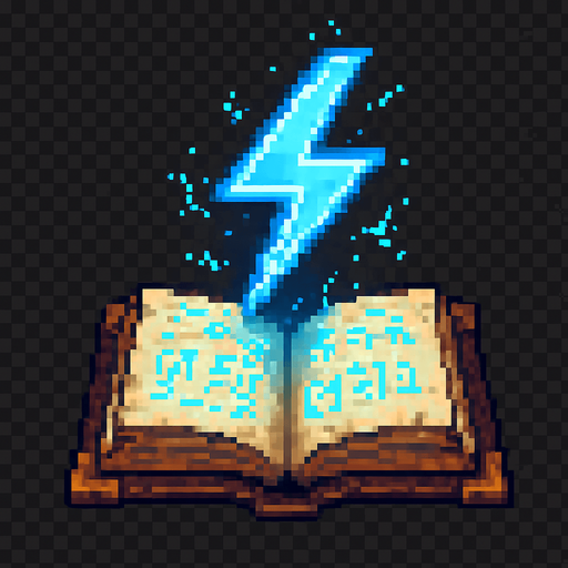 "2D pixel art of a glowing blue lightning bolt symbol emerging from an open magical spellbook. The book has ancient, worn covers and glowing runes on its pages. The lightning symbol floats above the book, made of bright blue magical energy, crackling with small sparks. It glows vividly, suggesting power and electricity. Designed in classic 16-bit fantasy RPG style. Transparent background.".
In-Game asset.  2d.  High contrast.  No shadows
