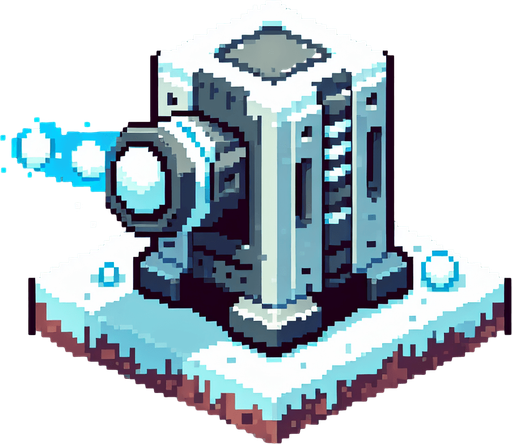 square shaped snowball shooting turret. pixelated. 8 bit. Single Game Texture. In-Game asset. 2d. Blank background. High contrast. No shadows.