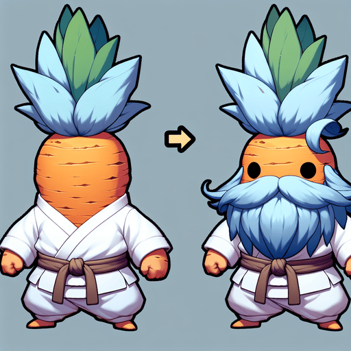 Design a 2D flat vector illustration of a short, carrot-shaped kung-fu master. The compact orange carrot body tapers neatly but is more compressed, emphasizing its chubby and endearing proportions. It features spiky blue Saiyan-style hair on top, radiating energy, and a long flowing white beard that signifies wisdom. A martial arts belt is tied around its middle, and a snug bandana completes its disciplined look. With sharp, focused eyes and a determined expression, it stands on two small, rounded feet, blending cuteness with a commanding presence..
Single Game Texture. In-Game asset. 2d. Blank background. High contrast. No shadows.
