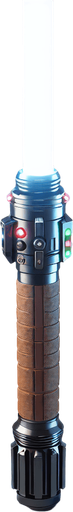 standing Lightsaber handle with led light and brown grip in vertically view.