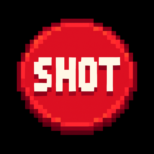un boton rojo que en medio dice shot hecho con pixeles.
In-Game asset.  2d.  High contrast.  No shadows