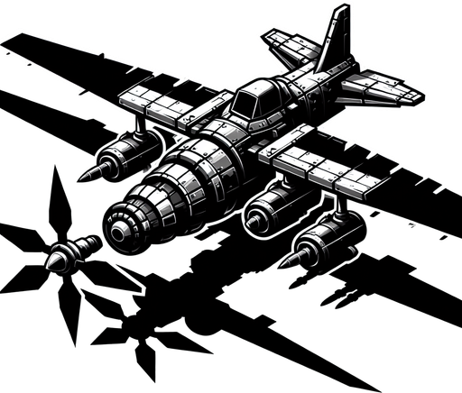 Enemy plane.
Single Game Texture.  In-Game asset.  2d.  Blank background.  High contrast.  No shadows
