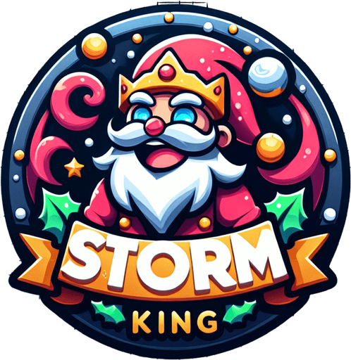 Icon for a santa as a storm king on a circle, with the text „Storm King“ at top, cartoon, christmas style Single Game Texture. In-Game asset. 2d. Blank background. High contrast. No shadows.