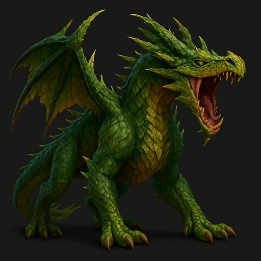 Different standing dragon of forest on four legs, he's head is down and opened mouth to shout. HD colors.
Single Game Texture. In-Game asset. 3D. Blank background. High contrast. No shadows.