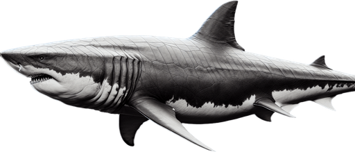 Megalodon shark.
Single Game Texture.  In-Game asset.  2d.  Blank background.  High contrast.  No shadows