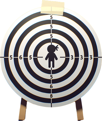 a target with a picture of a stickman taped on it.
Single Game Texture.  In-Game asset.  2d.  Blank background.  High contrast.  No shadows