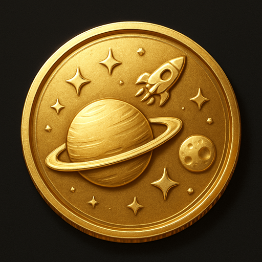 Uzay temalı altın coin, gerçekçi, yazısız üstten görünüm. 
In-Game asset.  High contrast.  No shadows