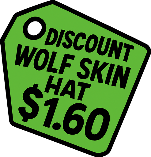 green price tag that says discount wolf skin hat $1.60.
In-Game asset.  2d.  High contrast.  No shadows