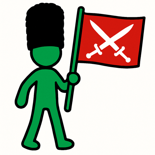 Green stickman with a British soldier's hat and with a red flag with 2 swords.
In-Game asset.  2d.  High contrast.  No shadows