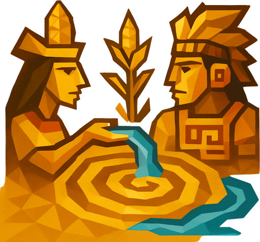 Mistik mısır ve aztek resmi çöl gibi bir spiral ve sarı renk agırlıklı low poly nesneler ve su akıyor efekti.
In-Game asset.  2d.  High contrast.  No shadows