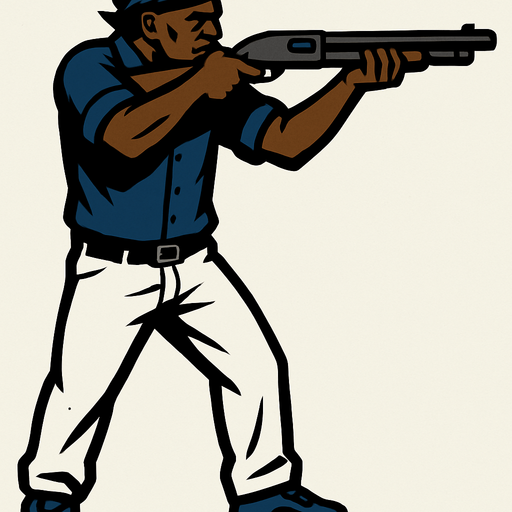 un pandillero negro con camisa azul oscuro y pantalon blanco usando una escopeta con la perspectiva lateral de cuerpo completo.
In-Game asset.  2d.  High contrast.  No shadows
