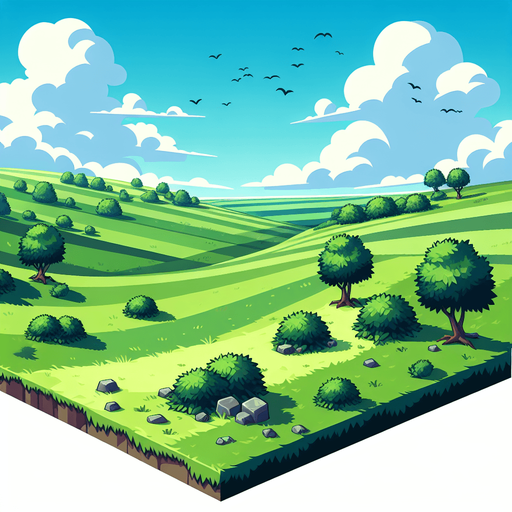 the fields of Britain, cartoon style.
Single Game Texture. In-Game asset. 2d. Blank background. High contrast. No shadows.