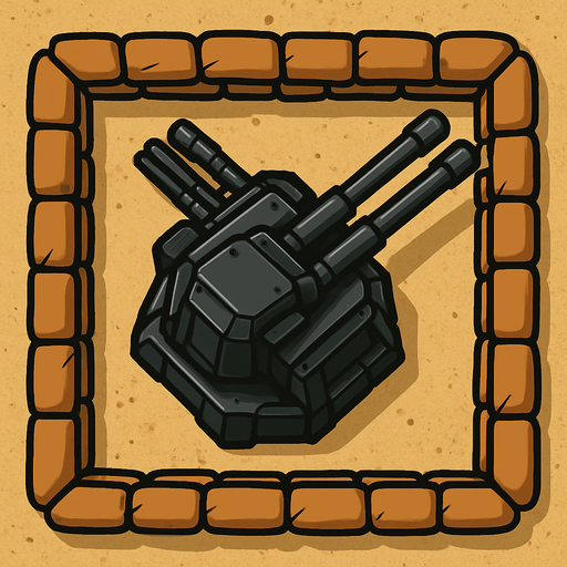 Top view of an Black defense Military tower large Anti air automatic triple barrel cannons, in the desert, the image has a square border outlined by military defense Brown sandbags.
In-Game asset.  2d.  High contrast.  No shadows