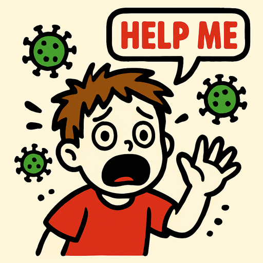 a scared kid from corona virus say help me.
In-Game asset.  2d.  High contrast.  No shadows
