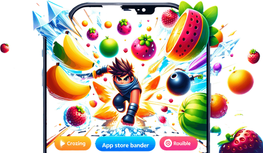 Fullscreen modern App Store landscape banner, 16:9, high definition, for a game titled "Fruit Master" and with the description "Unleash your inner ninja in Fruit Master! Slice through flying fruits with precision and speed while avoiding deadly bombs. Master exciting power-ups like Freeze Mode, Frenzy Mode, and Double Score to boost your skills. Compete for high scores, unlock unique blades, and experience the ultimate fruit-slashing challenge. Are you ready to become the ultimate Fruit Ninja? 🍉⚡🔪". No text on banner!