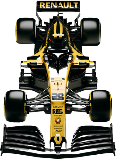 Photorealistic F1 Renault race car. TOP VIEW.
Shiny black body with shiny yellow nose. 
Replace every ,,RENAULT" texts to ,,RENAIULT".
Yellow rear wing. Black ,,RENAIULT" text and logo on nose with black racenumber.
