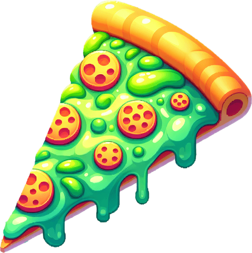 a slice of pizza on a transparent background, predominantly green. Slice of pizza.
Single Game Texture. In-Game asset. 2d. Blank background. High contrast. No shadows.