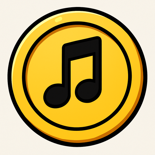 Yuvarlak altın para ortasında 🎶 müzik notası.
In-Game asset.  2d.  High contrast.  No shadows