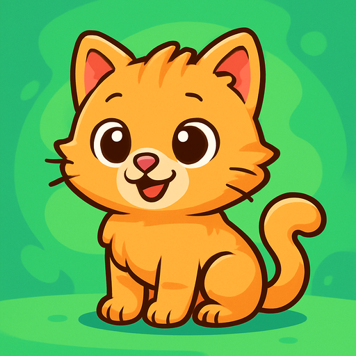 A cute cartoon-style cat character for a mobile game. Soft fluffy fur, big round eyes, small triangular ears, pink nose, and a curled tail. Light gray or orange color, standing or sitting with a playful and happy expression. High-quality digital illustration with a simple, colorful background. Ideal for a fun and friendly kids game.”.
In-Game asset.  2d.  High contrast.  No shadows. cartoon style
