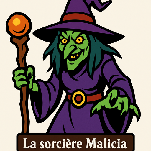 La sorcière Malicia.
In-Game asset.  2d.  High contrast.  No shadows