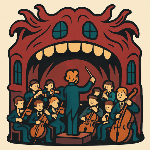 Orquesta de una Sala de Conciertos Viviente.
In-Game asset.  2d.  High contrast.  No shadows