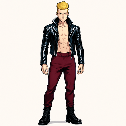 Idle animation, sleek graceful man Cyberpunk manga, facing forward idle pose shiny black leather biker jacket longsleeves shirtless Skinny abs blonde pompadour guy, action shot wine red joggers combat boots, Background removed, "Full-body character, entirely in frame, no cropping of face, head, or feet" "Complete character visible, from head to toe, fully centered in the image" "Entire character, including face and boots, fully within the frame" Character fully contained within a square frame, no edges cut off fashion model pose