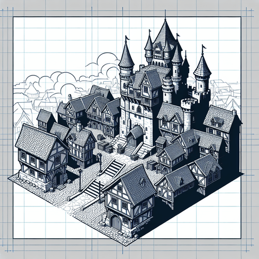 An animated image a medieval city with a castle.
Single Game Texture. In-Game asset. 2d. Blank background. High contrast. No shadows.