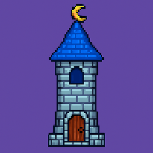 pixel art büyücü kulesi.
In-Game asset.  2d.  High contrast.  No shadows