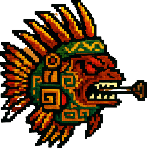 Genérame una Pez leon guerrero azteca con eso patrones, estilo pixelar, con una apariencia maligna, ojos rojos, rabioso. Unidad a distancia, con cerbatana. Animal.
In-Game asset.  2d.  High contrast.  No shadows
