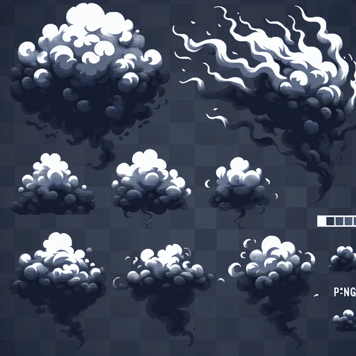 sprite sheet of smoke effect png.
Single Game Texture. In-Game asset. 2d. Blank background. High contrast. No shadows.
