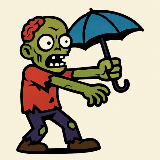a zombie raises an umbrella forward.
In-Game asset.  2d.  High contrast.  No shadows