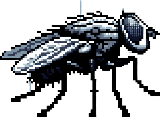 pixel fly facing left.
Single Game Texture.  In-Game asset.  2d.  Blank background.  High contrast.  No shadows