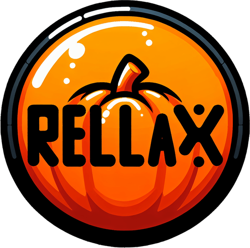 button that says relax in orange, black outline of the letters. high contrast. has a pumpkin on it
Single Game Texture. In-Game asset. 2d. Blank background. High contrast. No shadows.