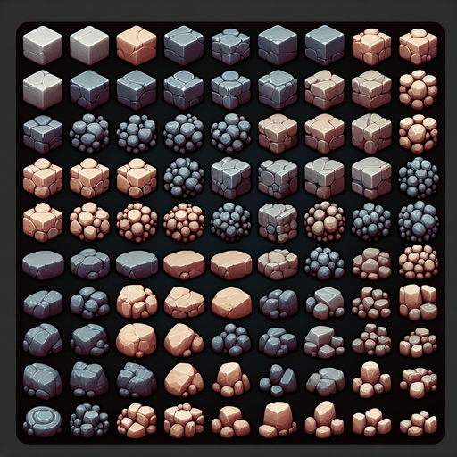 Create a sprite sheet with images of various rocks.  The design should be exclusively top views. Arrange the components on a dark background, neatly aligning each part in rows and columns for easy identification and use in game development..
Single Game Texture. In-Game asset. 2d. Blank background. High contrast. No shadows.