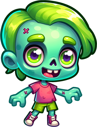 zombi karakteri tasarla animasyon ve çizgi filim olsun çocuksu olsun.
Single Game Texture.  In-Game asset.  2d.  Blank background.  High contrast.  No shadows