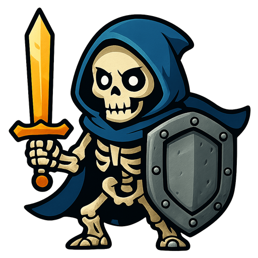 Skeleton with a blue hoodie and cape, golden sword and a reinforced iron shield.
In-Game asset.  2d.  High contrast.  No shadows