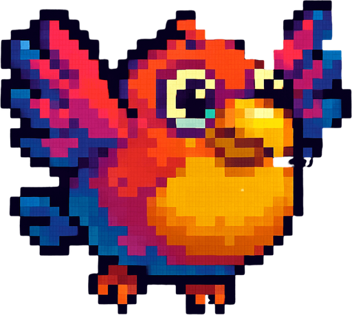 Big fat flaying bird ( Piksel art). Cute. Colorful 
In-Game asset.  2d.  High contrast.