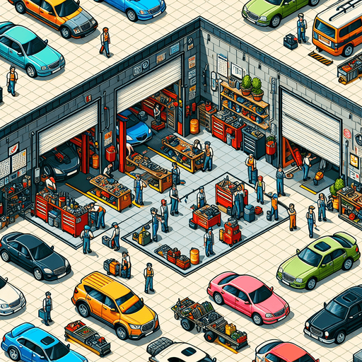 A garage with employees who can repair the cars.
Single Game Texture. In-Game asset. 2d. Blank background. High contrast. No shadows.