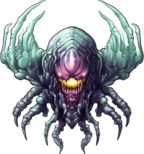 Alien enemy boss, adopted to space, flying down
Game Texture. In-Game asset. 2d. Pixelart. White background. Blank background. Low detail. High contrast.