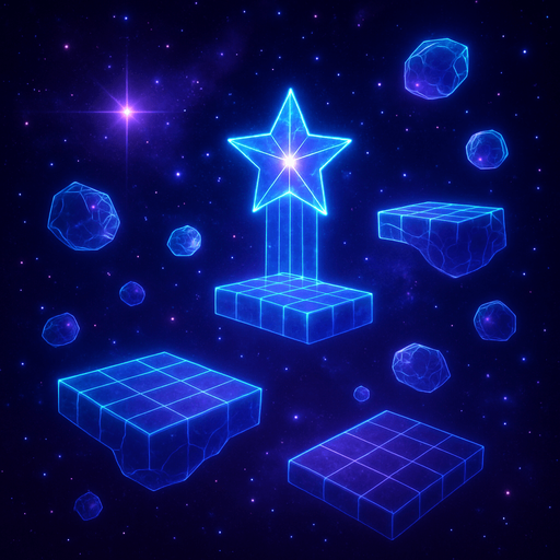 3d hologram neon cyberpunk starlight magick galaxy overlay projection asteroid starfield Platforming magical dimension pathway level obstacle layout videogame
