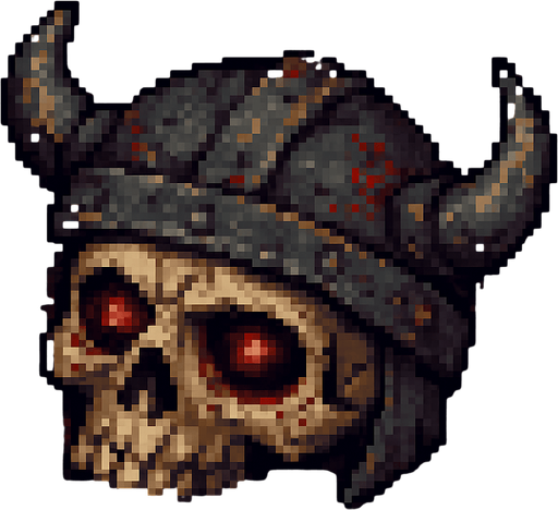 “Top-down 2D pixel art of a severed skeleton head wearing a damaged metal helmet. The skull is cracked and aged, with glowing red eyes still faintly lit. The barberian helmet is dented, rusty, and slightly misaligned on the skull. The head lies on the ground, surrounded by scratches, dust, or dried blood. Designed as a dark fantasy game sprite or environmental detail.”.
In-Game asset.  2d.  High contrast.  No shadows