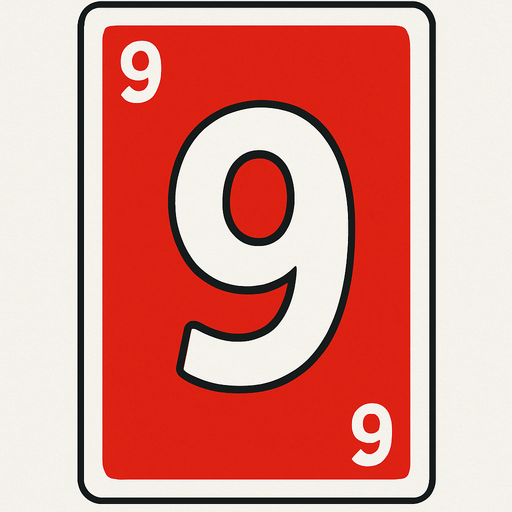 Rectangular card numbered 9, with a white border around it and a red background..
In-Game asset.  2d.  High contrast.  No shadows