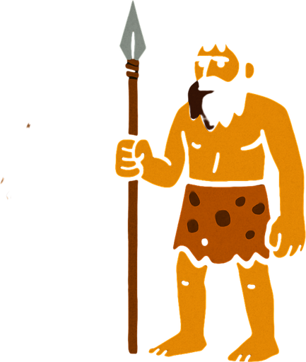 ilk insanların içinde yaşadığı bir mağara. kapısında elinde mızrak olan ilkel bir insan var.
In-Game asset.  2d.  High contrast.  No shadows