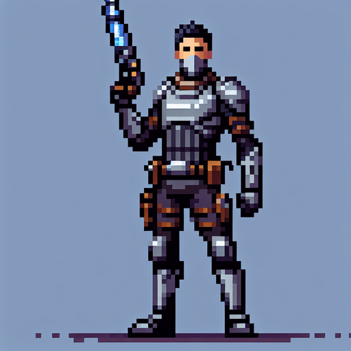Create a pixel art sprite of the Mandalorian from the Star Wars universe. The Mandalorian should be standing in a determined pose, with his beskar armor and blaster raised. The sprite should be detailed and recognizable, but also stylized to fit within the pixel art aesthetic.
The Mandalorian is a skilled bounty hunter known for his unwavering determination and formidable combat skills. Clad in his signature beskar armor, he wields an array of deadly weapons, including his trusty blaster and a jetpack that allows him to maneuver with incredible agility. Despite his gruff exterior, the Mandalorian possesses a strong sense of honor and a deep-seated loyalty to those he protects.