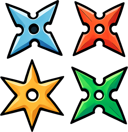 Ninja star assets. HD colors.
In-Game asset.  2d.  High contrast.  No shadows