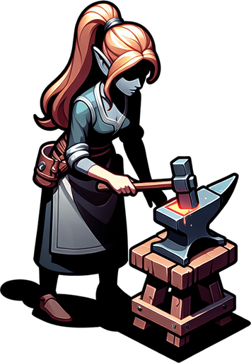 Девушка эльфийка кузнец у наковальни.
Single Game Texture. In-Game asset. 2d. Blank background. High contrast. No shadows.